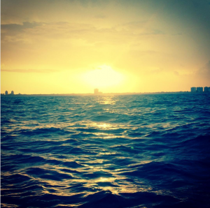 Sunset view of Miami from the waters of Biscayne National Park. 